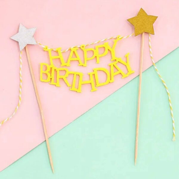 Dekoracja na tort "Happy Birthday" żółta, 21 cm