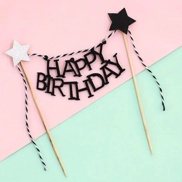 Dekoracja na tort "Happy Birthday" czarna, 21 cm