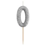Świeczka Cyfra 0, brokatowa czarna, piker